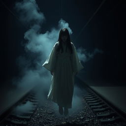 A chilling scene inspired by the Japanese legend of Teke Teke, featuring a ghostly girl with long black hair and a white kimono, appearing in a haunting way following a train accident