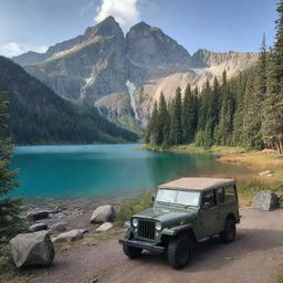 A serene campsite nestled near a crystal clear lake with a towering mountain featuring a cascading waterfall in the background. A vintage Jeep Willys is parked nearby, adding a touch of adventure.