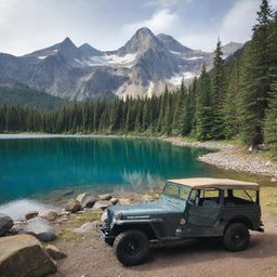 A serene campsite nestled near a crystal clear lake with a towering mountain featuring a cascading waterfall in the background. A vintage Jeep Willys is parked nearby, adding a touch of adventure.