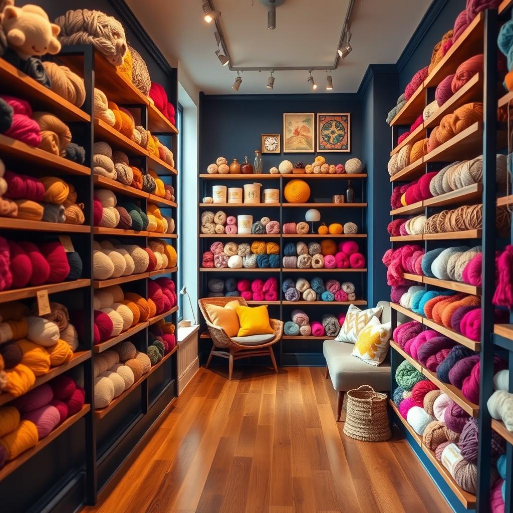 A cozy wool shop with floating wooden shelves filled with various colorful yarns