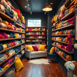 A cozy wool shop with floating wooden shelves filled with various colorful yarns