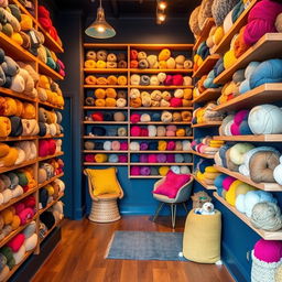 A cozy wool shop with floating wooden shelves filled with various colorful yarns