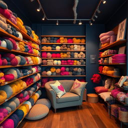 A cozy wool shop with floating wooden shelves filled with various colorful yarns