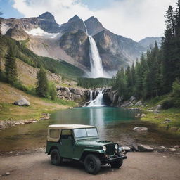 A serene campsite nestled near a crystal clear lake with a towering mountain featuring a cascading waterfall in the background. A vintage Jeep Willys is parked nearby, adding a touch of adventure.