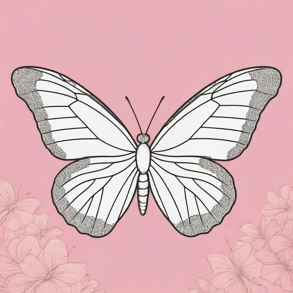 An aesthetic, child-friendly, line art illustration of a butterfly, with vibrant, cartoon-style background colors. The butterfly is left uncolored, and ready for coloring.