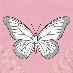 An aesthetic, child-friendly, line art illustration of a butterfly, with vibrant, cartoon-style background colors. The butterfly is left uncolored, and ready for coloring.