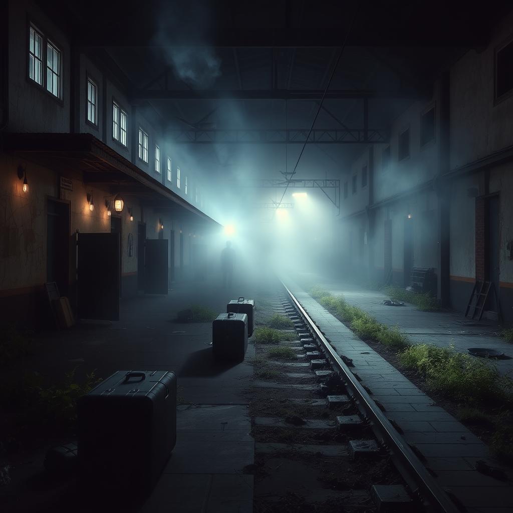 A terrifying train station at night, with flickering lights casting eerie shadows on the platform