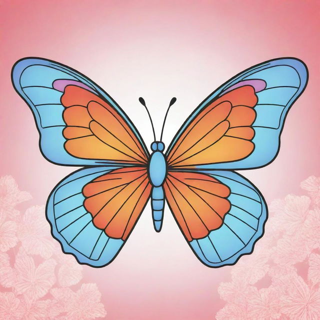 An aesthetic, child-friendly, line art illustration of a butterfly, with vibrant, cartoon-style background colors. The butterfly is left uncolored, and ready for coloring.