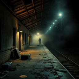 A terrifying train station at night, with flickering lights casting eerie shadows on the platform