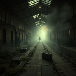 A terrifying train station at night, with flickering lights casting eerie shadows on the platform