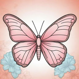 An aesthetic, child-friendly, line art illustration of a butterfly, with vibrant, cartoon-style background colors. The butterfly is left uncolored, and ready for coloring.