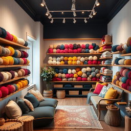 A charming wool shop featuring floating wooden shelves filled with an array of colorful yarns