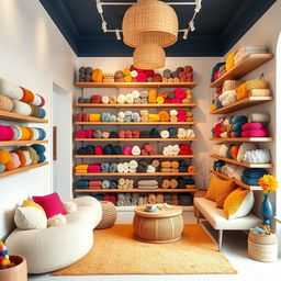 A charming wool shop featuring floating wooden shelves filled with an array of colorful yarns