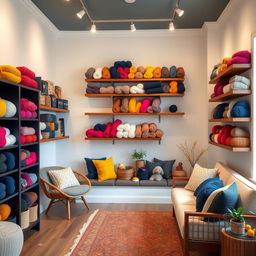 A charming wool shop featuring floating wooden shelves filled with an array of colorful yarns