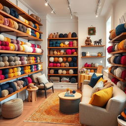 A charming wool shop featuring floating wooden shelves filled with an array of colorful yarns