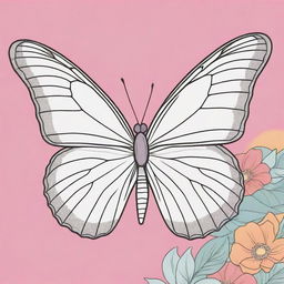 An aesthetic, child-friendly, line art illustration of a butterfly, with vibrant, cartoon-style background colors. The butterfly is left uncolored, and ready for coloring.