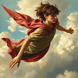 A teenager soaring through the sky without wings, wearing a dramatic flowing cape, and featuring stylish brown emo hair that waves around him in motion