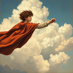 A teenager soaring through the sky without wings, wearing a dramatic flowing cape, and featuring stylish brown emo hair that waves around him in motion