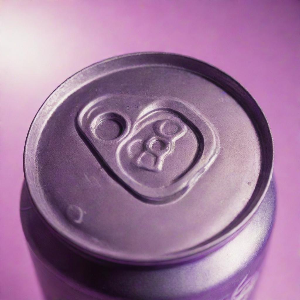 Close-up of the top of a soda can, reflecting a surreal mix of soft purple and vibrant pink lighting.