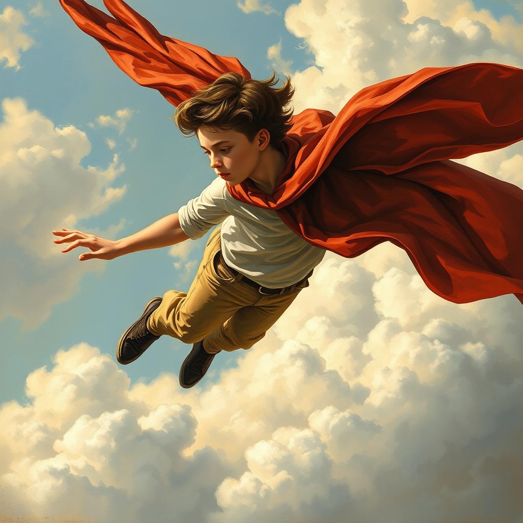 A teenager soaring through the sky without wings, wearing a dramatic flowing cape, and featuring stylish brown emo hair that waves around him in motion