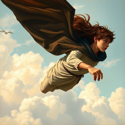 A teenager soaring through the sky without wings, wearing a dramatic flowing cape, and featuring stylish brown emo hair that waves around him in motion