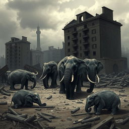 A somber and dramatic historical illustration of the tragic elephant massacre in Berlin during World War II, showcasing an emotional scene with dilapidated war-torn buildings in the background, elephants amidst ruins, some looking distressed, others peacefully grazing, a cloudy sky casting a melancholic light over the scene