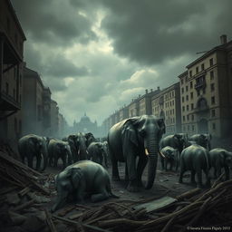 A somber and dramatic historical illustration of the tragic elephant massacre in Berlin during World War II, showcasing an emotional scene with dilapidated war-torn buildings in the background, elephants amidst ruins, some looking distressed, others peacefully grazing, a cloudy sky casting a melancholic light over the scene