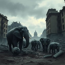 A somber and dramatic historical illustration of the tragic elephant massacre in Berlin during World War II, showcasing an emotional scene with dilapidated war-torn buildings in the background, elephants amidst ruins, some looking distressed, others peacefully grazing, a cloudy sky casting a melancholic light over the scene