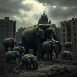 A somber and dramatic historical illustration of the tragic elephant massacre in Berlin during World War II, showcasing an emotional scene with dilapidated war-torn buildings in the background, elephants amidst ruins, some looking distressed, others peacefully grazing, a cloudy sky casting a melancholic light over the scene