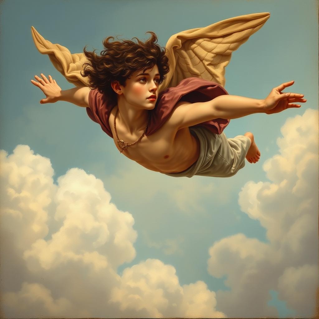 A young man soaring through the sky without wings, adorned with a flowing cape and featuring brown curly hair that billows in the wind