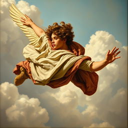 A young man soaring through the sky without wings, adorned with a flowing cape and featuring brown curly hair that billows in the wind