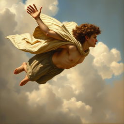 A young man soaring through the sky without wings, adorned with a flowing cape and featuring brown curly hair that billows in the wind