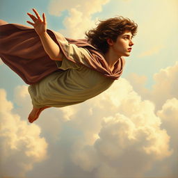 A young man soaring through the sky without wings, adorned with a flowing cape and featuring brown curly hair that billows in the wind