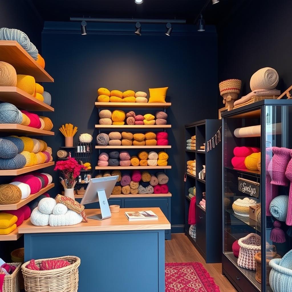 A charming wool shop featuring floating wooden shelves filled with a variety of colorful yarns