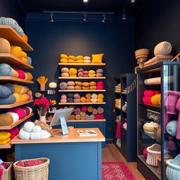 A charming wool shop featuring floating wooden shelves filled with a variety of colorful yarns