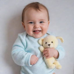 An adorable baby cuddling a soft plush toy, wearing a cute onesie with a wide, innocent smile on their face.