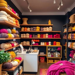 A charming wool shop featuring floating wooden shelves filled with a variety of colorful yarns