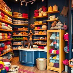 A charming wool shop featuring floating wooden shelves filled with a variety of colorful yarns