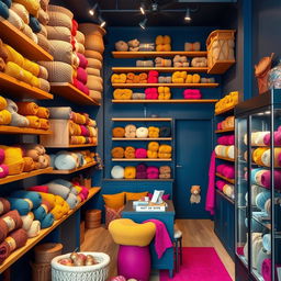 A charming wool shop featuring floating wooden shelves filled with a variety of colorful yarns