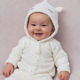 An adorable baby cuddling a soft plush toy, wearing a cute onesie with a wide, innocent smile on their face.