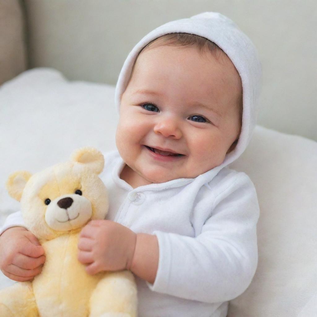 An adorable baby cuddling a soft plush toy, wearing a cute onesie with a wide, innocent smile on their face.