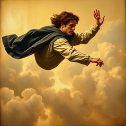 A man with a cape and brown curly hair flying without wings, raising his hand downward, depicted in a Renaissance painting style