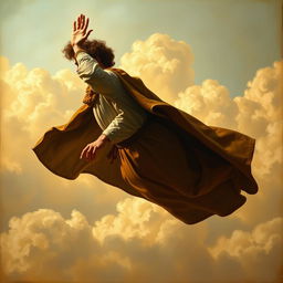 A man with a cape and brown curly hair flying without wings, raising his hand downward, depicted in a Renaissance painting style