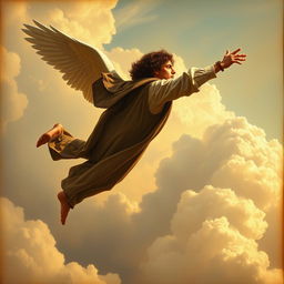 A man with a cape and brown curly hair flying without wings, raising his hand downward, depicted in a Renaissance painting style