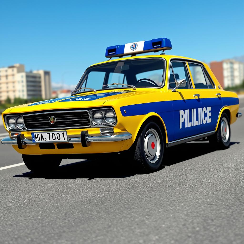 A conceptual design of a Soviet police car featuring distinctive yellow and blue stripes