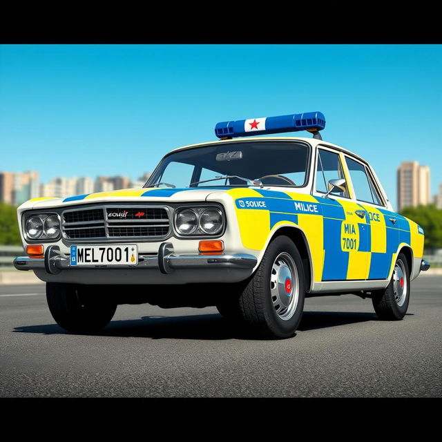 A conceptual design of a Soviet police car featuring distinctive yellow and blue stripes