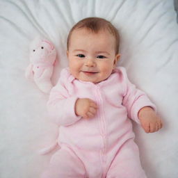 An adorable baby cuddling a soft plush toy, wearing a cute onesie with a wide, innocent smile on their face.