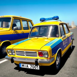 A conceptual design of a Soviet police car featuring distinctive yellow and blue stripes