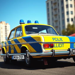 A conceptual design of a Soviet police car featuring distinctive yellow and blue stripes