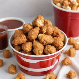 Deliciously golden chicken popcorn pieces served in a red and white striped bucket with a side of tangy barbecue sauce.